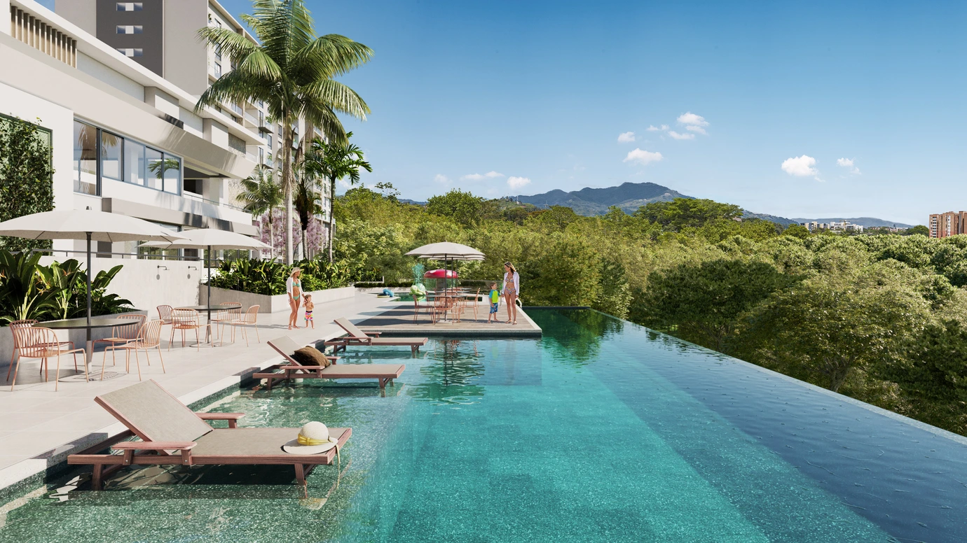Vista piscina y paisaje proyecto en el Eje Cafetero ideal para inversión y renta