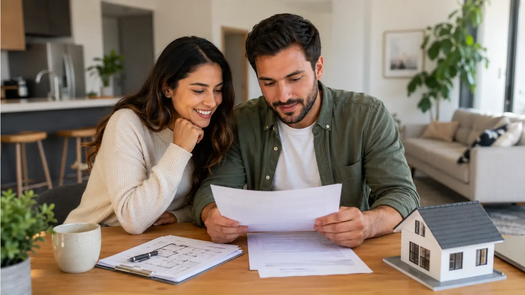 Pareja revisando las condiciones de un arriendo con opción de compra para adquirir un apartamento