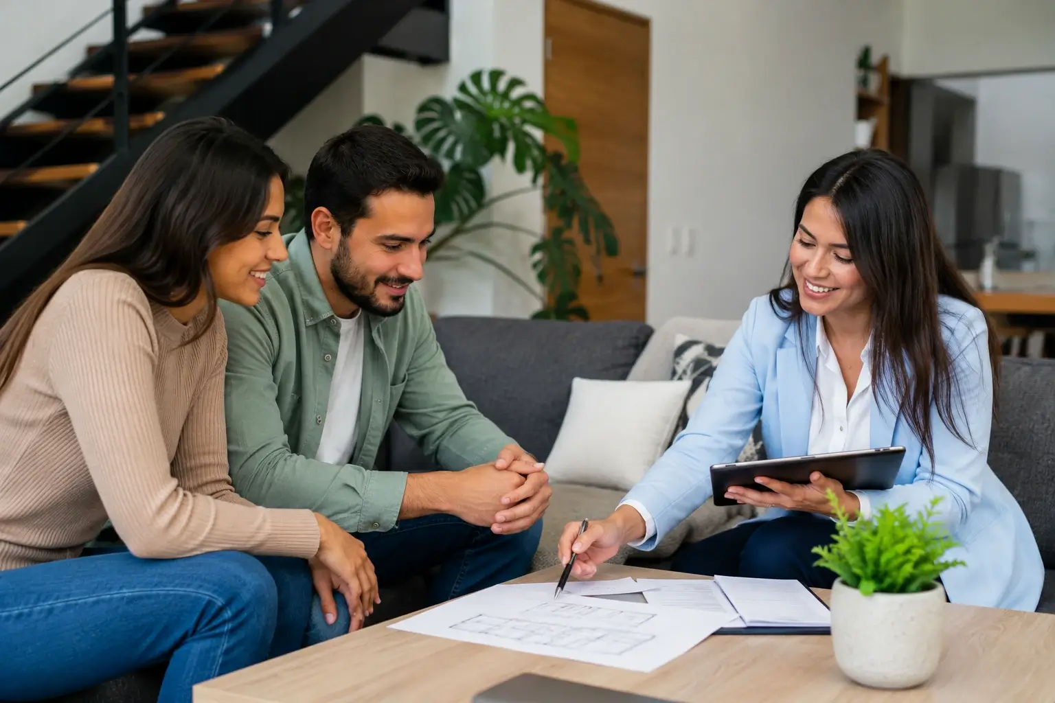 Pareja recibiendo asesoría para comprar vivienda sin tener completa la cuota inicial.