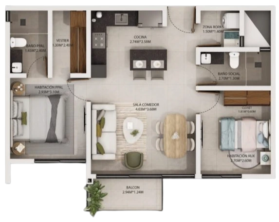 Apartamento de 2 habitaciones