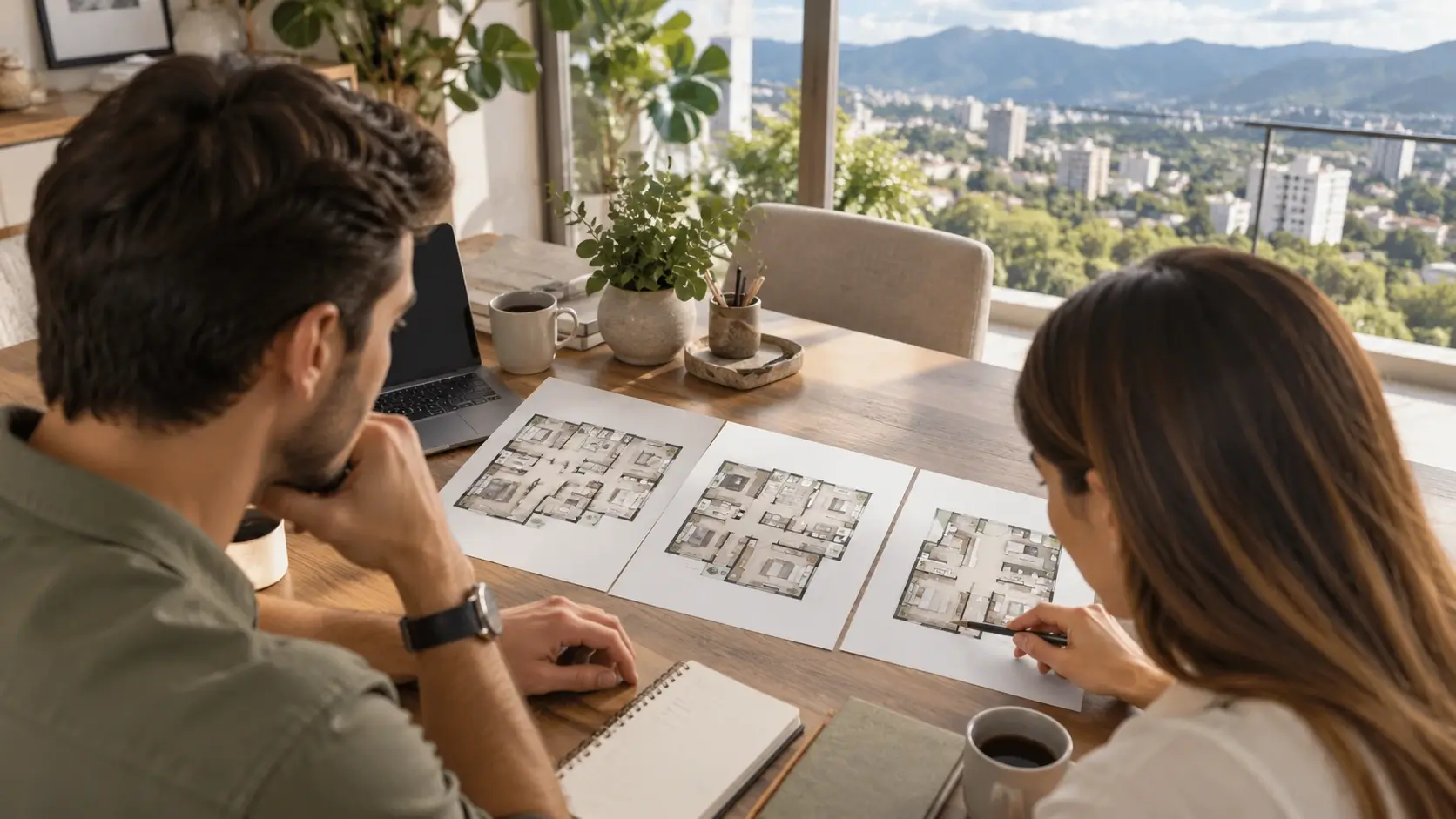 Pareja comparando planos de apartamentos de 1, 2 y 3 habitaciones en Armenia