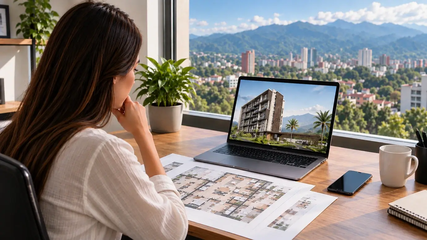 Persona analizando apartamentos sobre planos en Armenia, Quindío