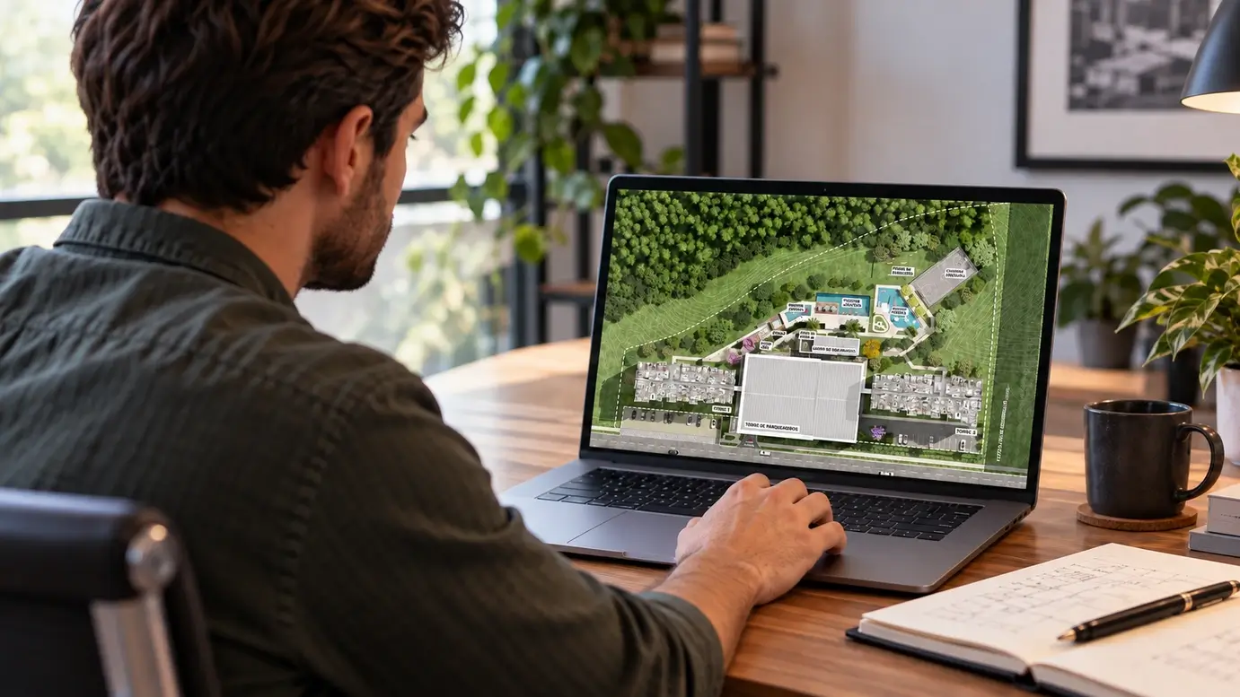 Persona revisando el plano de un proyecto de apartamentos sobre planos en Pereira