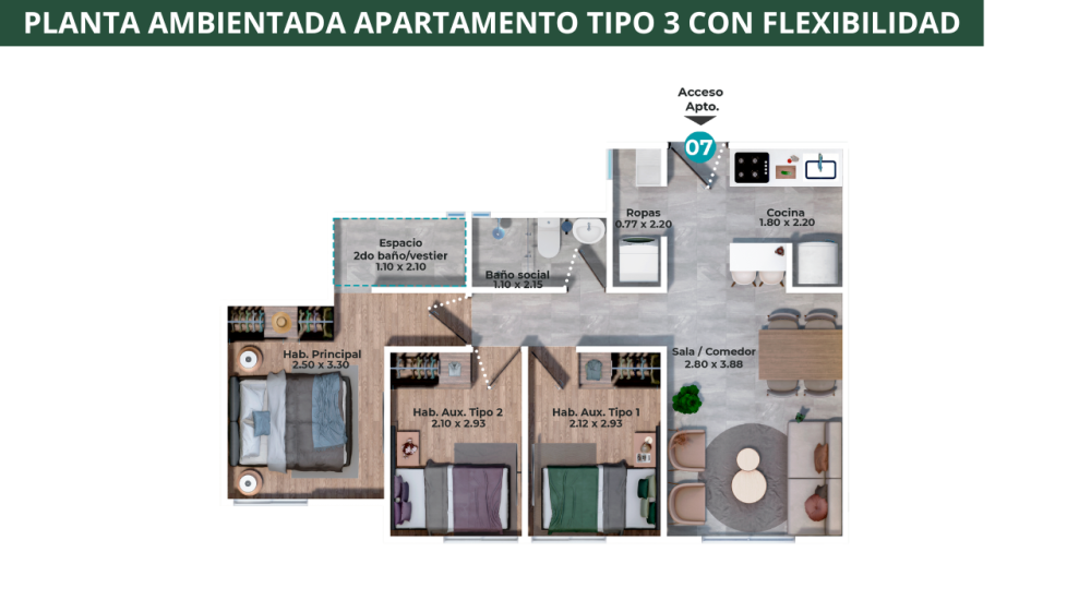 PLATA AMBIENTADA APTO TIPO 3 CON FLEXIBILIDAD
